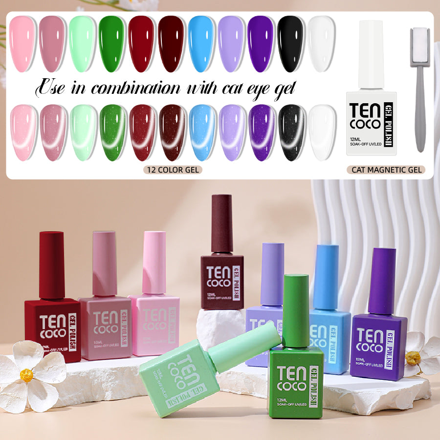 Gel Nail Kit – 12 Colors 12ml with Crystal Cat Eye for DIY Nails
