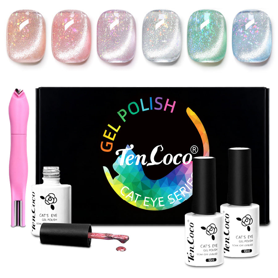 Cat Eye Gel Nail Polish Set – 6 Magnetic Colors with Reflective Glitter & Dual-Ended Magnet